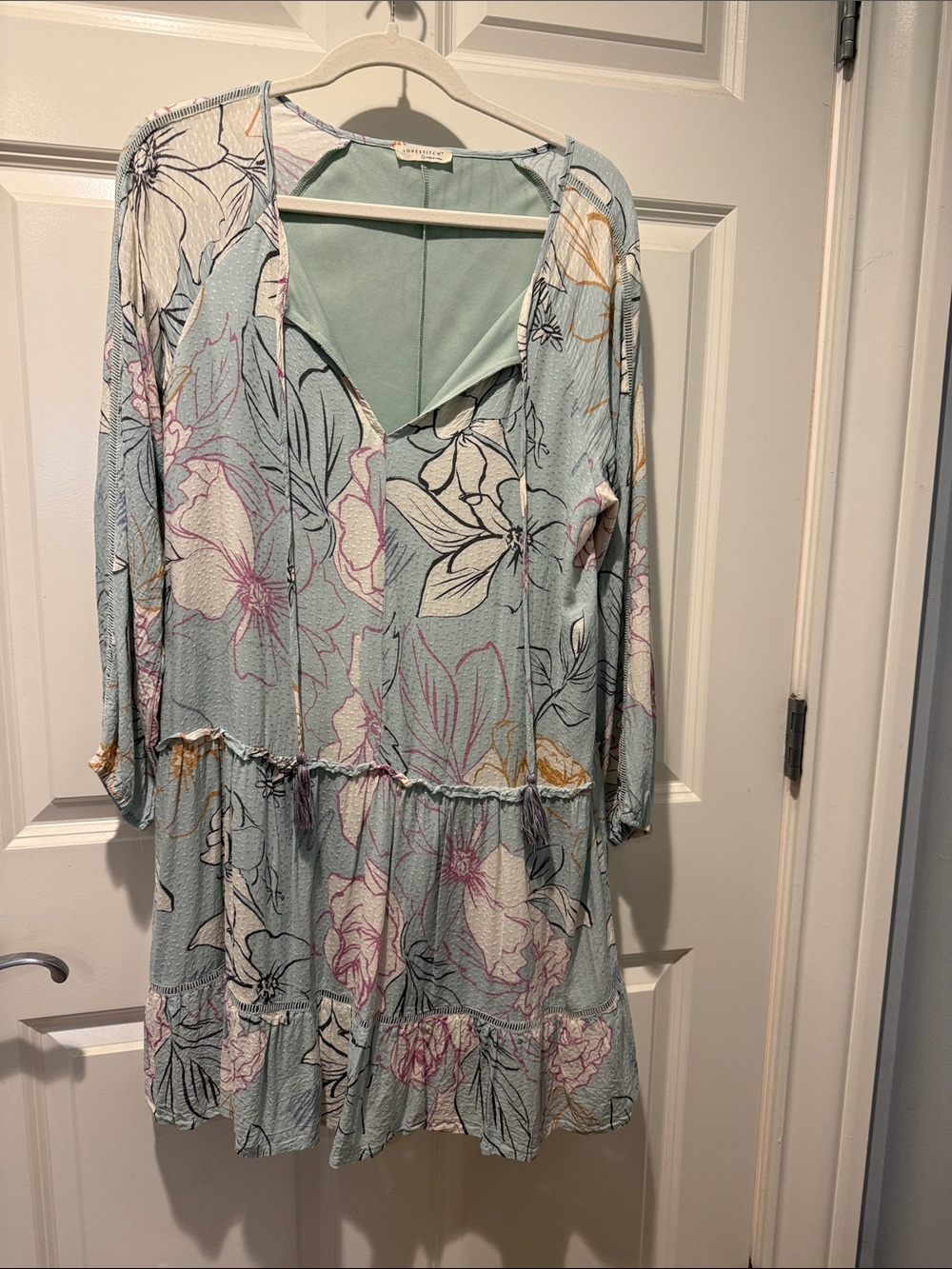lovestitch Light Blue Floral Tiered V-Neck Long Sleeve Dress